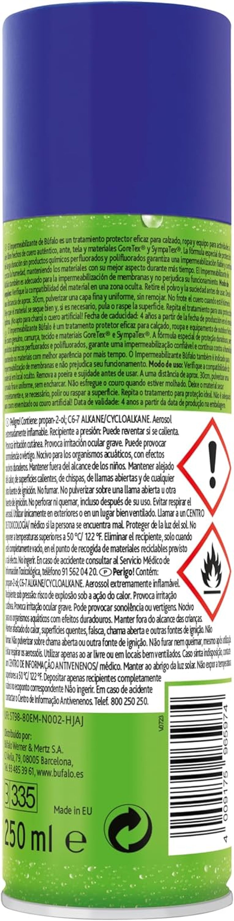 Búfalo - Spray Impermeabilizante Calzado 250Ml - Spray Protector Zapatillas Transparente- 100% Repelente Al Agua Y a La Suciedad | Para Zapatos De Tela, Cuero Y Textiles | Protector De Ante Y Nobuk