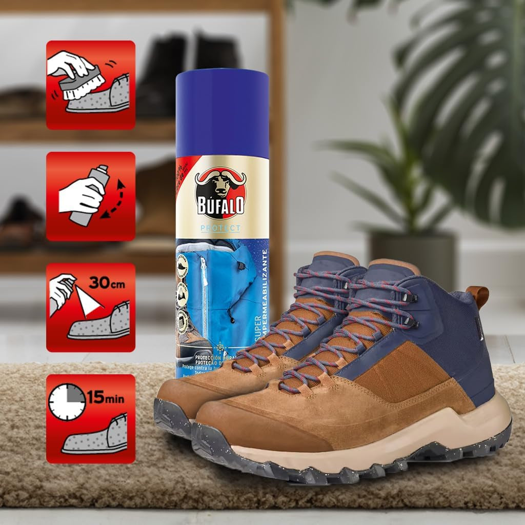 Búfalo - Spray Impermeabilizante Calzado 250Ml - Spray Protector Zapatillas Transparente- 100% Repelente Al Agua Y a La Suciedad | Para Zapatos De Tela, Cuero Y Textiles | Protector De Ante Y Nobuk